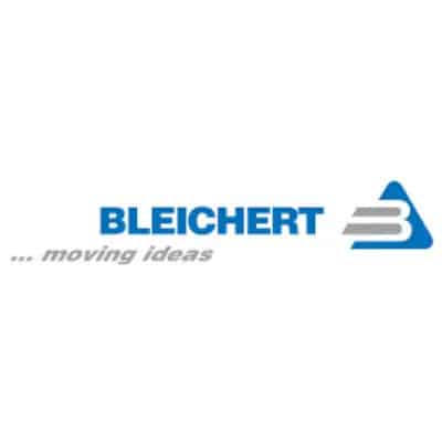Bleichert logo with a blue stylized B inside a triangle and the slogan ... moving ideas in gray text below the company name.